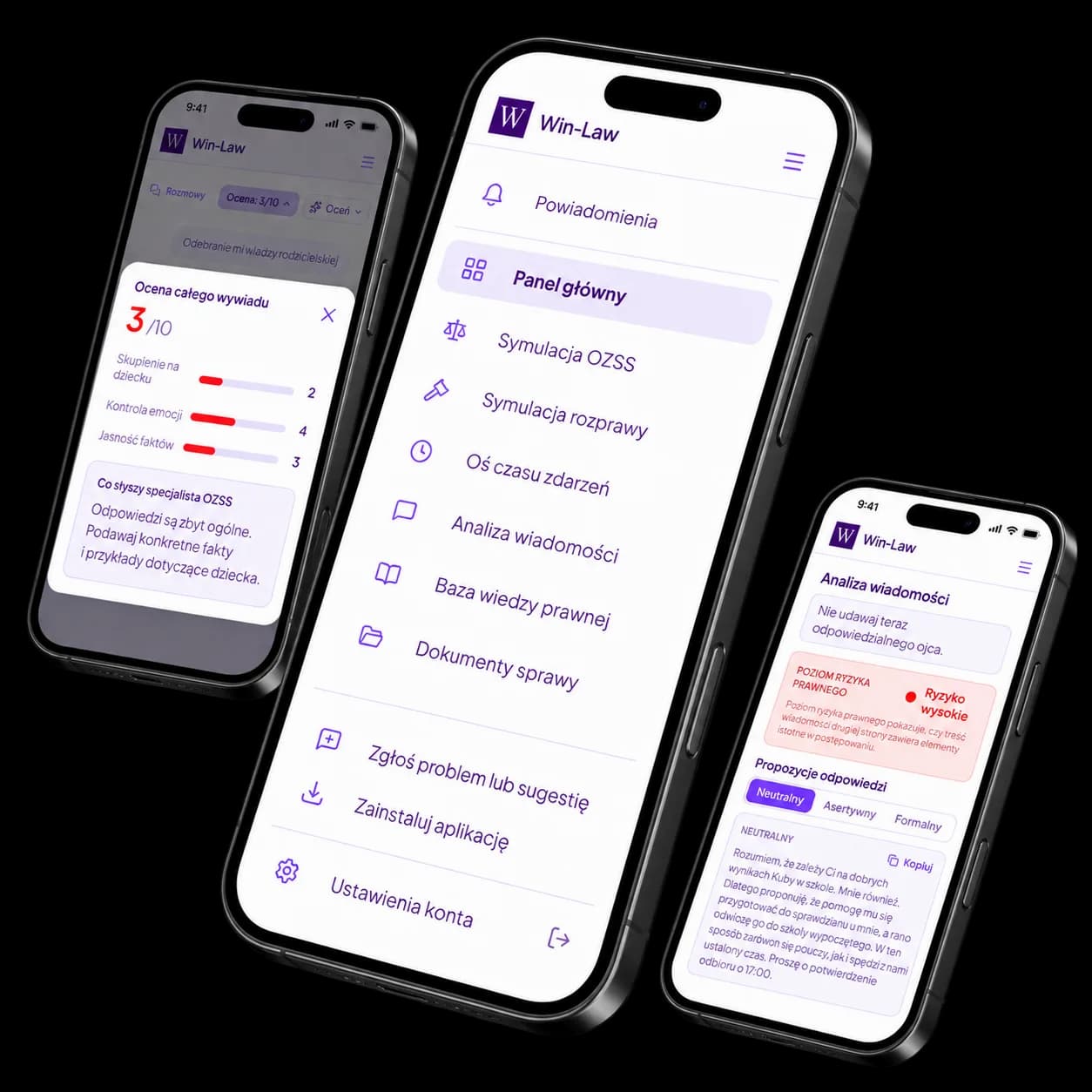 Win-Law app screens on three phones